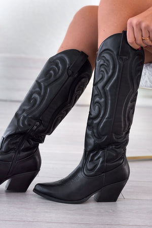 Alexoo black camper boots with embossed embroidery