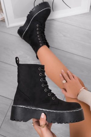 LARISSA - Black suede Alexoo combat boots with thick sole