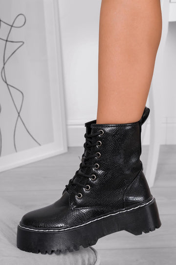 LARISSA - Black python-effect Alexoo combat boots with thick sole