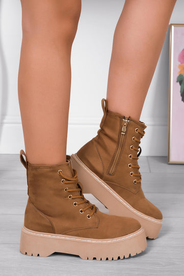 LARISSA - Alexoo camel suede combat boots with thick sole
