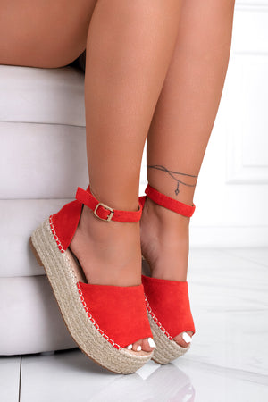LICIA - Coral red espadrilles with wedge and ankle strap