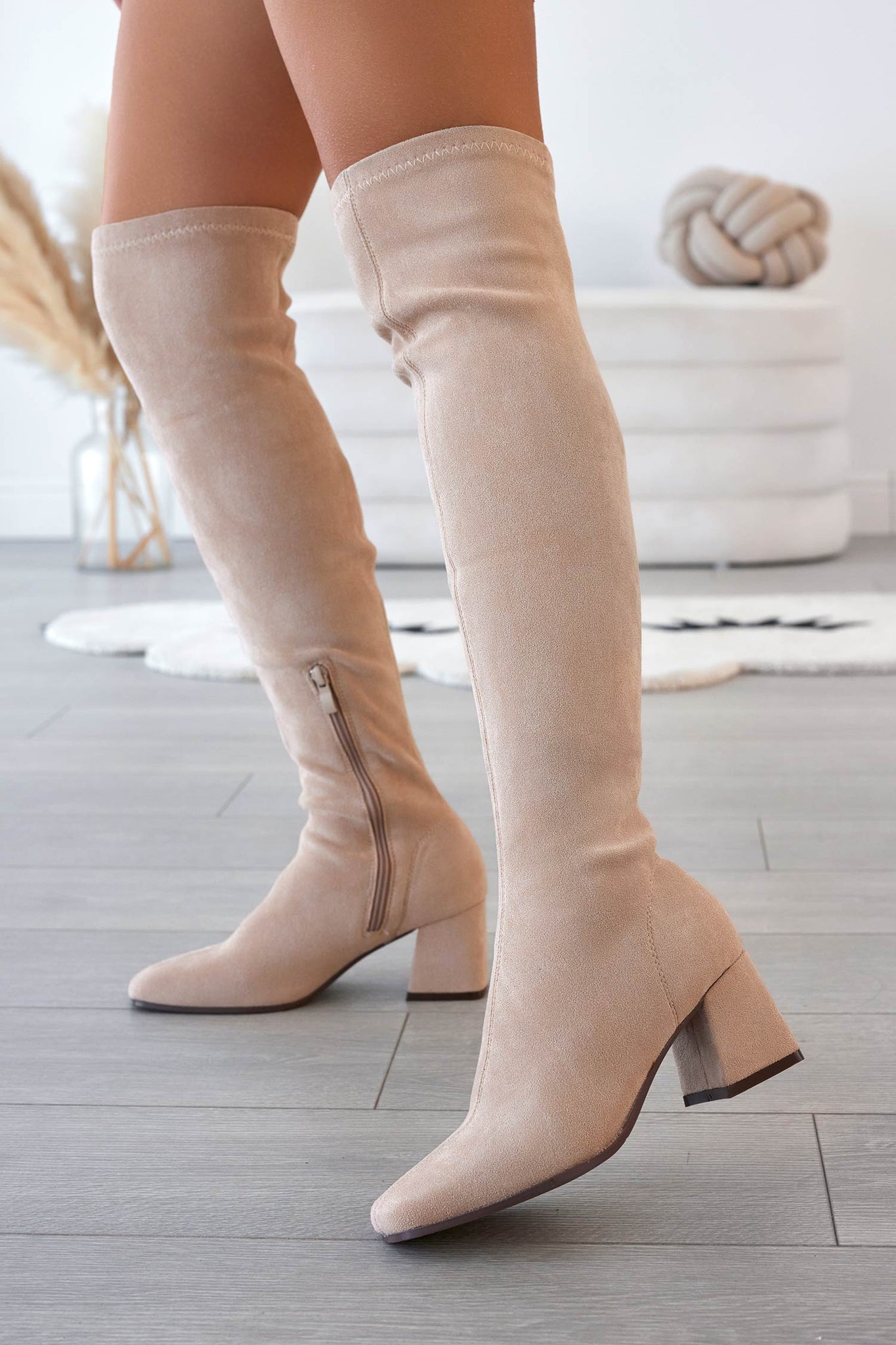 Beige suede over-the-knee boots