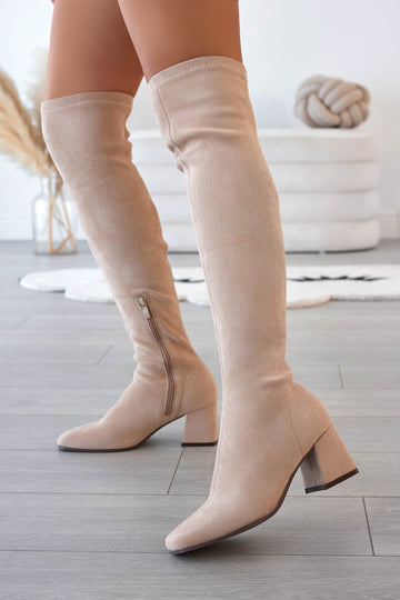 Beige suede over-the-knee boots