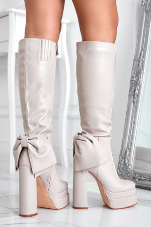 Beige platform boots Alexoo with bow and high heel
