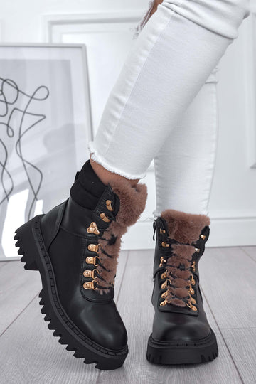 MATHIAS - Black combat ankle boots with faux fur tongue