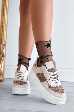 Beige sneakers with patterned fabric inserts