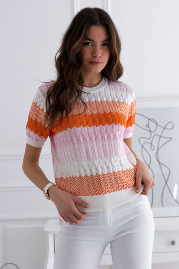 Multicolor short-sleeve zigzag sweater