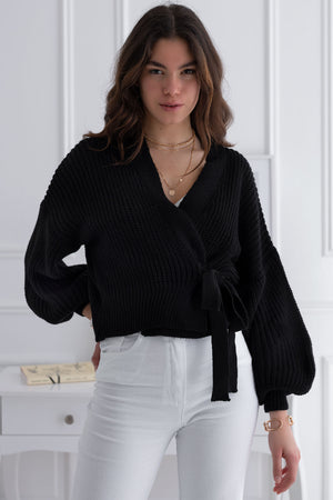 Black wrap sweater with tie