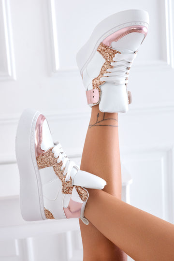 White sneakers with rose gold glitter inserts