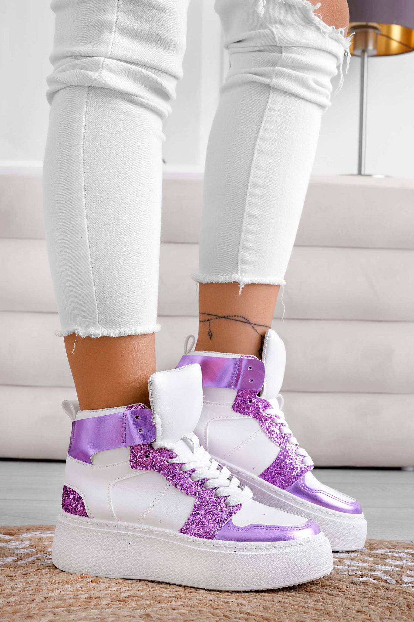 White sneakers with purple glitter inserts