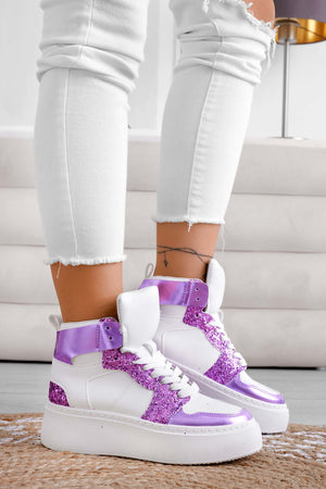 White sneakers with purple glitter inserts