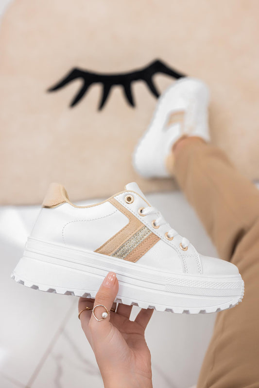 Sneakers bianche con inserti beige e glitter