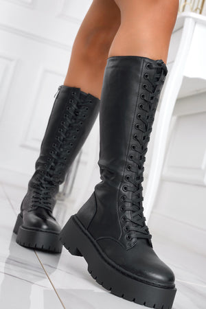 Black lace-up combat boots