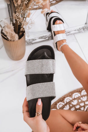 black jeweled platform sandals with rhinestone straps