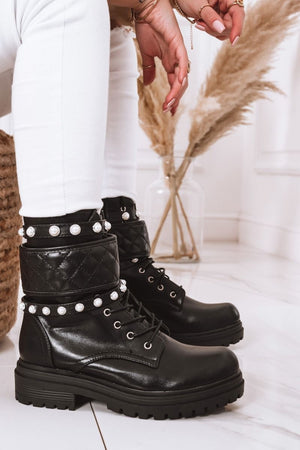 black lace-up combat ankle boots with pearls
