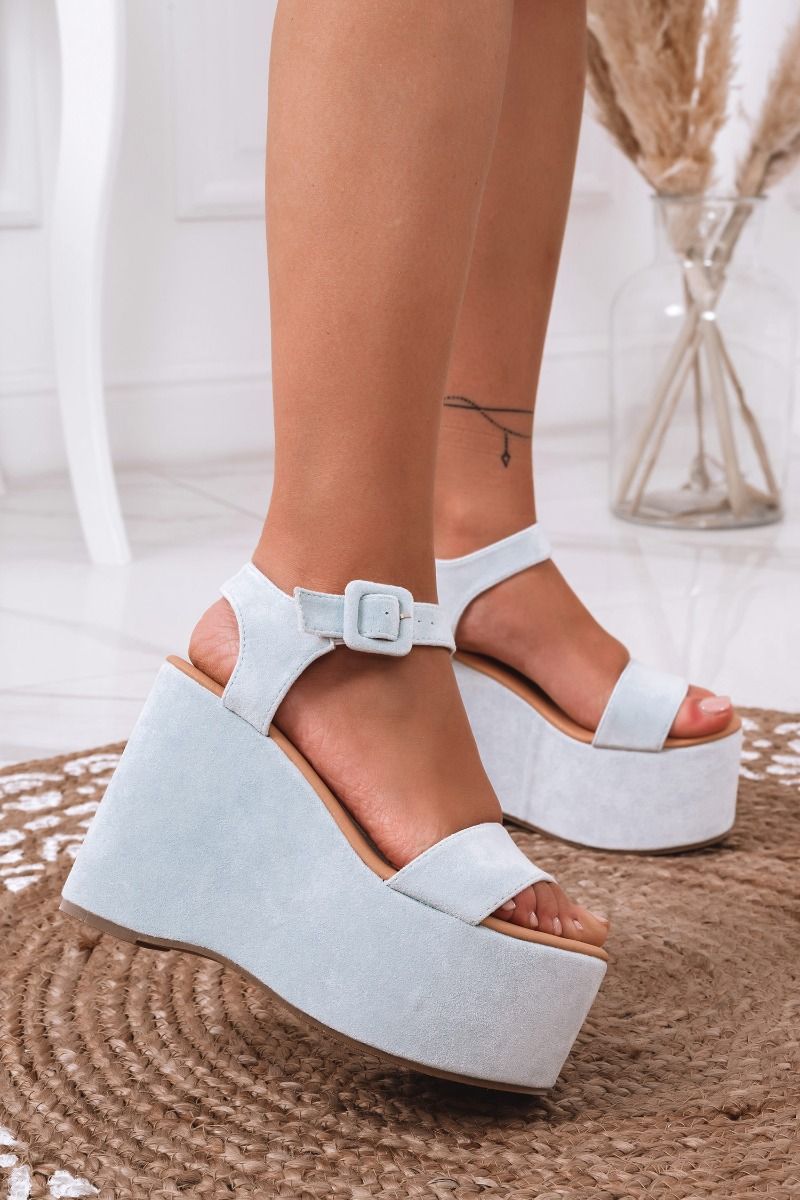 Blue suede platform wedge sandals