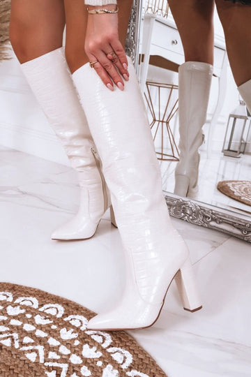 Jill - White crocodile print heeled boots