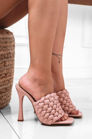 pink woven heeled mules