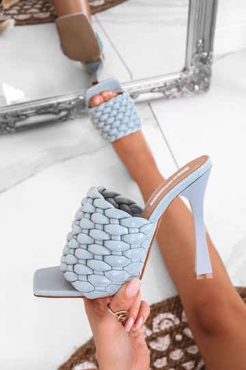 blue woven heeled mules