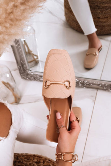 open beige loafers with checkered pattern