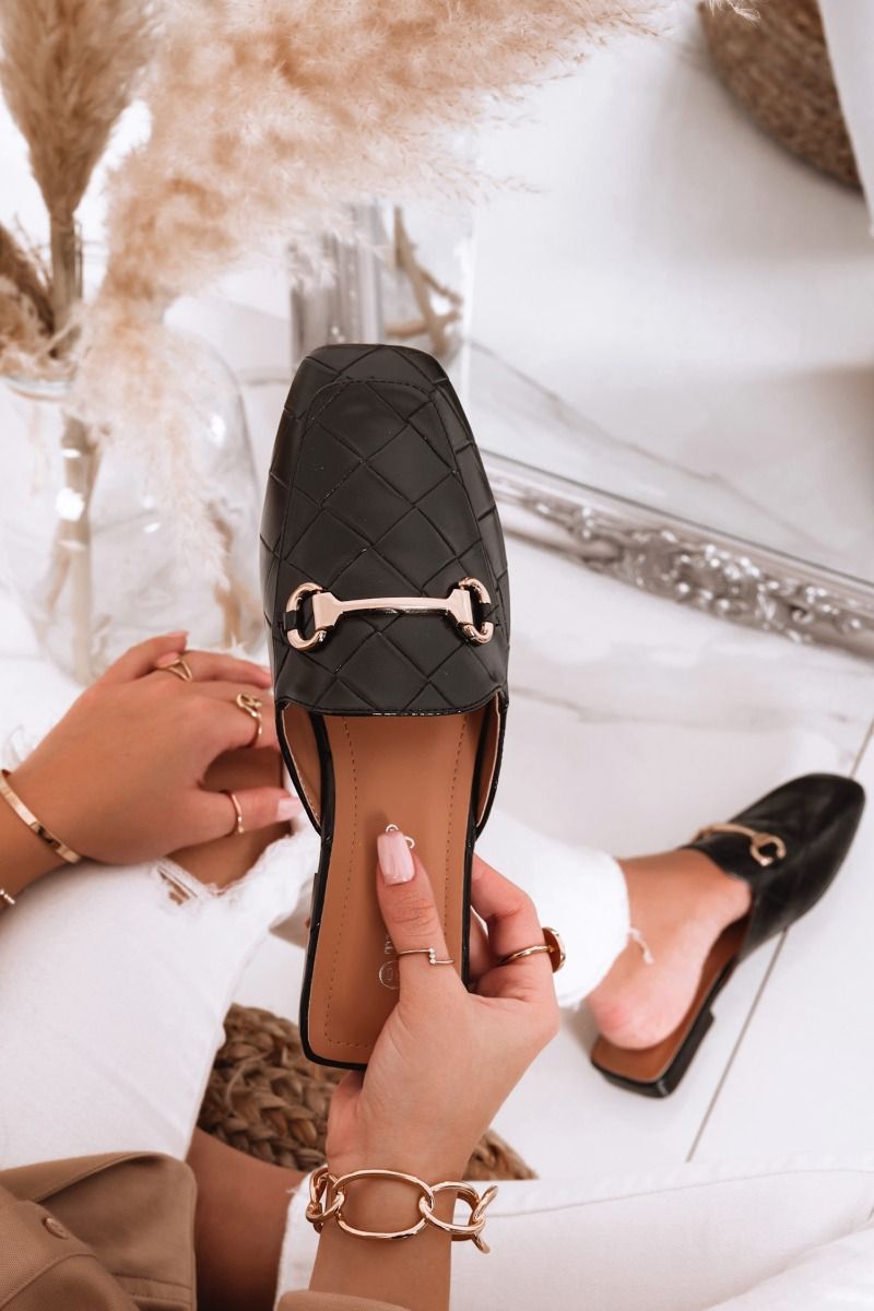 black open loafers with checkered pattern