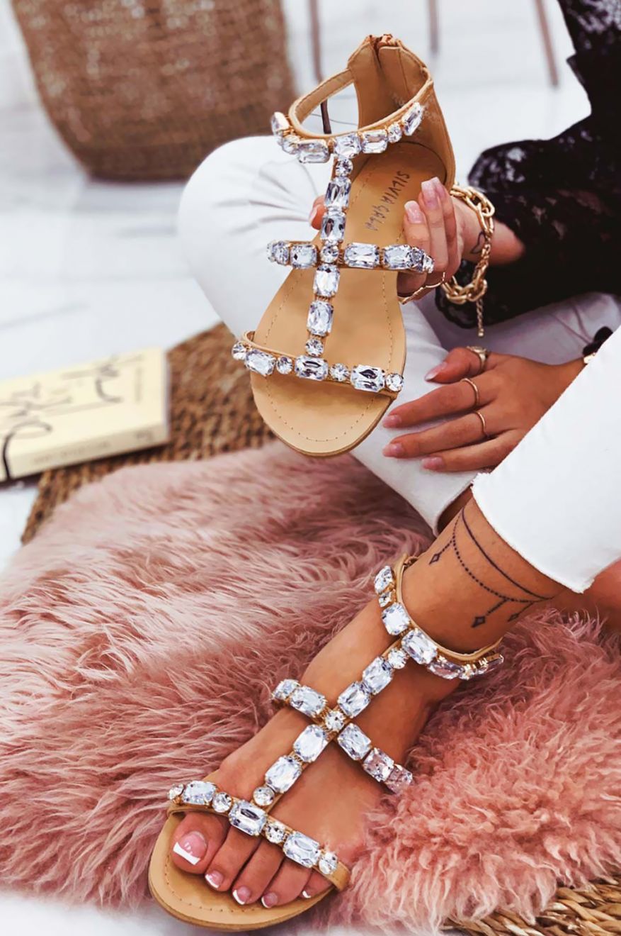 Beige jeweled flat sandals